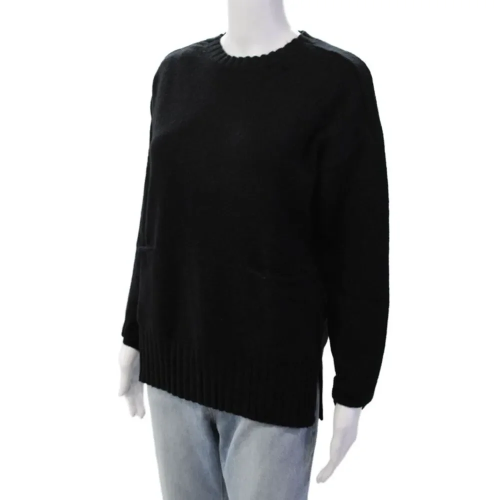 Renuar Womens Front Pockets Crew Neck Pullover Sweater Top Black Size XS